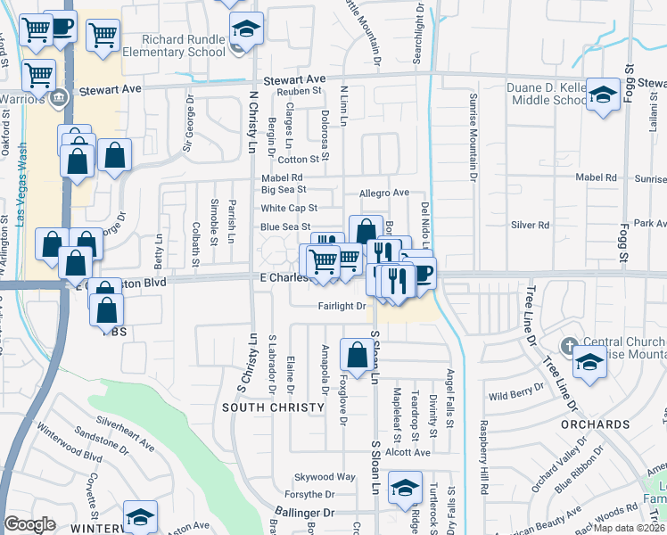 map of restaurants, bars, coffee shops, grocery stores, and more near 5665 East Charleston Boulevard in Las Vegas