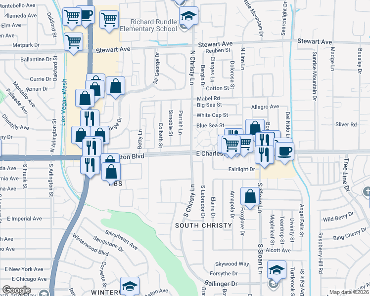 map of restaurants, bars, coffee shops, grocery stores, and more near 5485 East Charleston Boulevard in Las Vegas