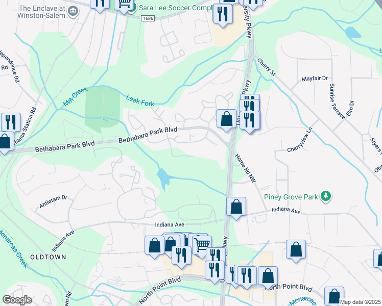 map of restaurants, bars, coffee shops, grocery stores, and more near 5100 Hunt Park Court in Winston-Salem
