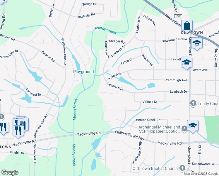 map of restaurants, bars, coffee shops, grocery stores, and more near 4120 Leinbach Drive in Winston-Salem