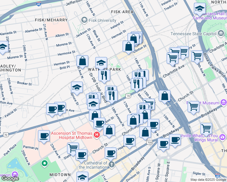 map of restaurants, bars, coffee shops, grocery stores, and more near 1704 Charlotte Avenue in Nashville