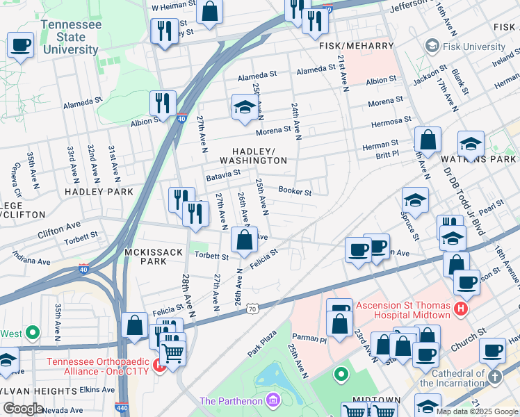 map of restaurants, bars, coffee shops, grocery stores, and more near 707 25th Avenue North in Nashville