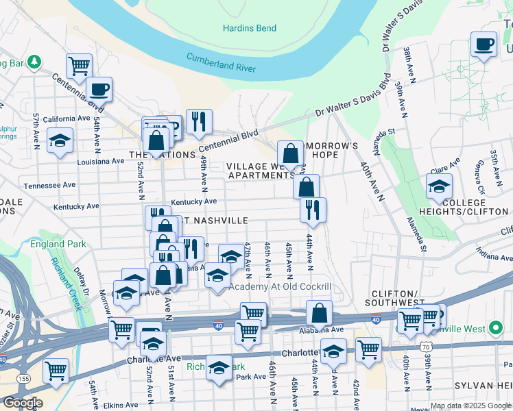 map of restaurants, bars, coffee shops, grocery stores, and more near 4532 Michigan Avenue in Nashville