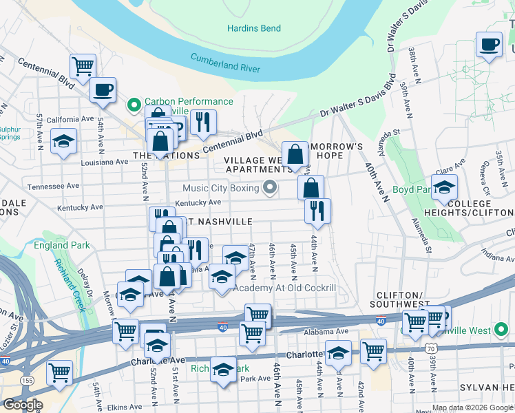 map of restaurants, bars, coffee shops, grocery stores, and more near 4704A Michigan Avenue in Nashville