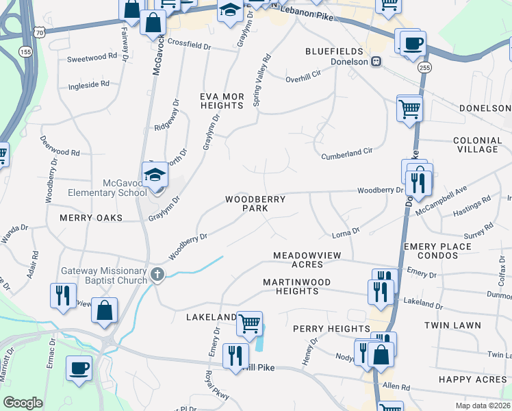 map of restaurants, bars, coffee shops, grocery stores, and more near Hibbitts Road in Nashville