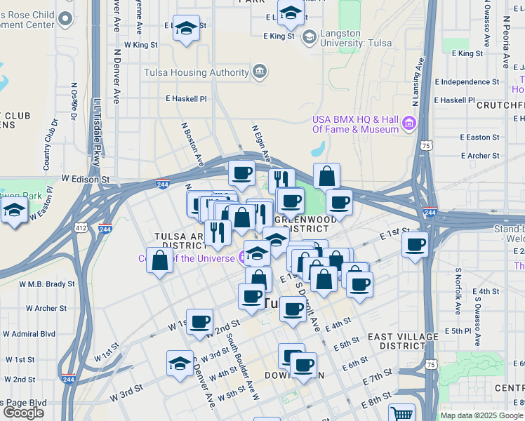map of restaurants, bars, coffee shops, grocery stores, and more near 200 West Reconciliation Way in Tulsa