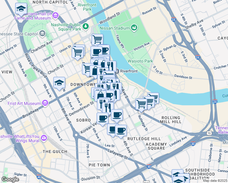map of restaurants, bars, coffee shops, grocery stores, and more near 205 Demonbreun Street in Nashville