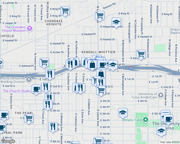 map of restaurants, bars, coffee shops, grocery stores, and more near 2224 East Admiral Boulevard in Tulsa