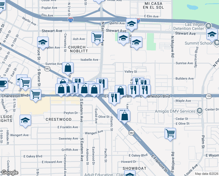 map of restaurants, bars, coffee shops, grocery stores, and more near 2529 Meadows Avenue in Las Vegas