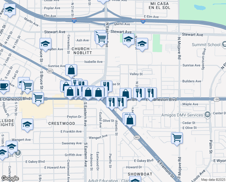 map of restaurants, bars, coffee shops, grocery stores, and more near 2525 Meadows Avenue in Las Vegas