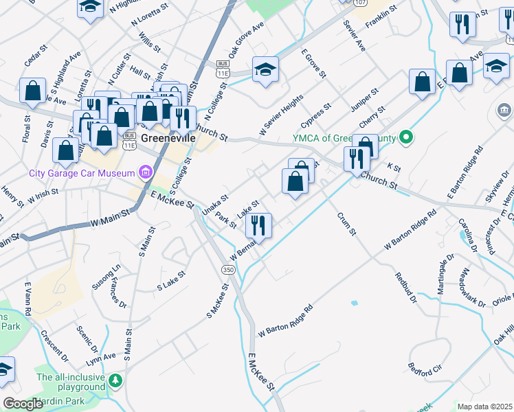 map of restaurants, bars, coffee shops, grocery stores, and more near 209 Lake Street in Greeneville
