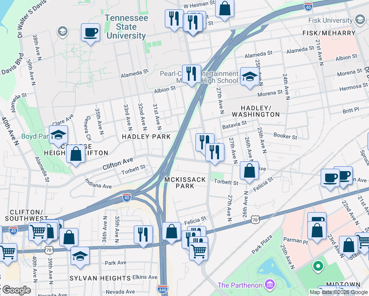 map of restaurants, bars, coffee shops, grocery stores, and more near 2841 Clifton Avenue in Nashville