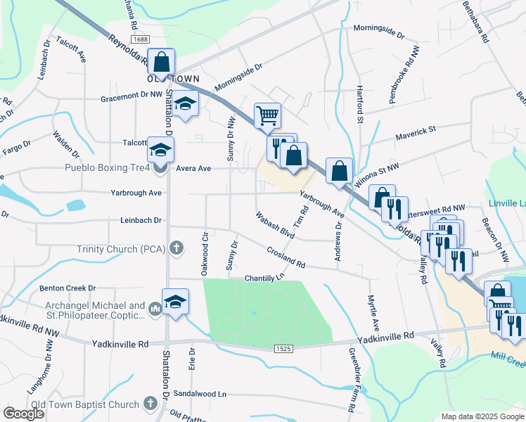 map of restaurants, bars, coffee shops, grocery stores, and more near 3750 Wabash Boulevard in Winston-Salem