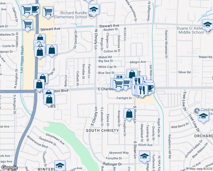 map of restaurants, bars, coffee shops, grocery stores, and more near 5589 Orchard Lane in Las Vegas