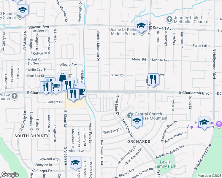 map of restaurants, bars, coffee shops, grocery stores, and more near 6050 East Charleston Boulevard in Las Vegas