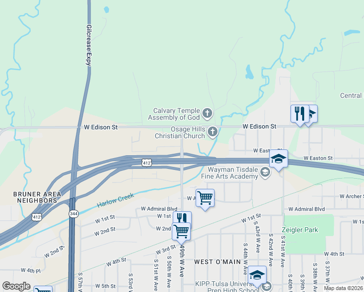 map of restaurants, bars, coffee shops, grocery stores, and more near 537 North 49th West Avenue in Tulsa
