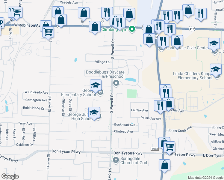 map of restaurants, bars, coffee shops, grocery stores, and more near 2845 Razorback Greenway in Springdale