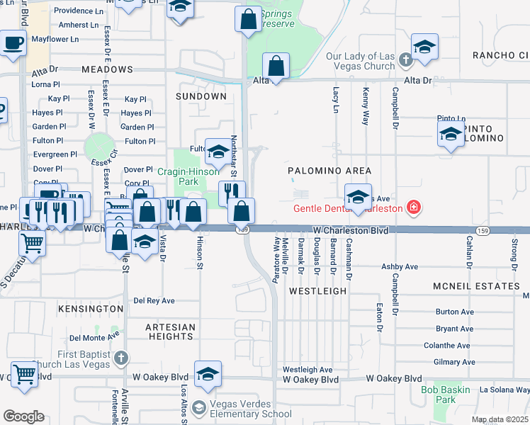 map of restaurants, bars, coffee shops, grocery stores, and more near 1001 South Valley View Boulevard in Las Vegas
