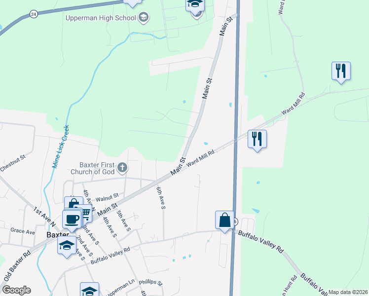 map of restaurants, bars, coffee shops, grocery stores, and more near 736 Main Street in Baxter