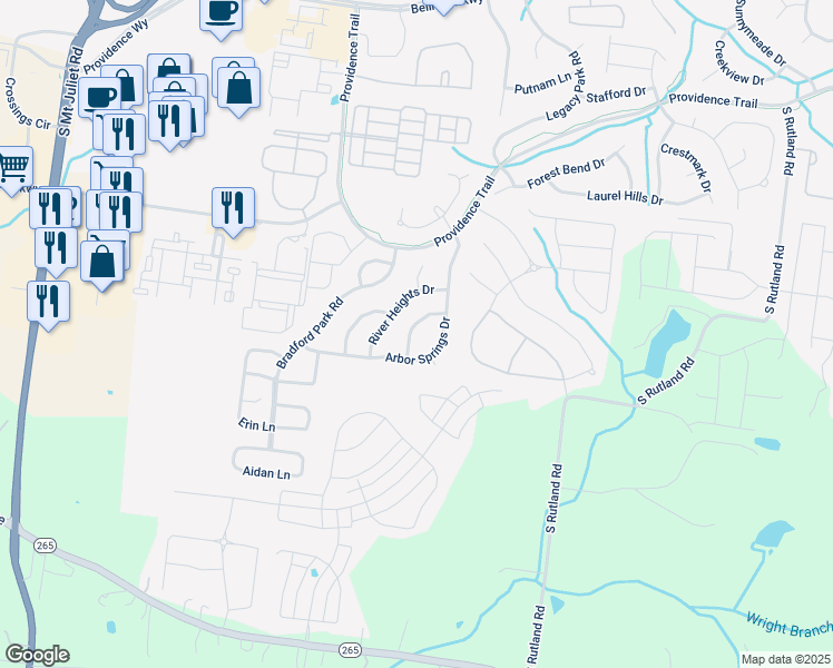 map of restaurants, bars, coffee shops, grocery stores, and more near 1406 Wayfield Lane in Mt. Juliet