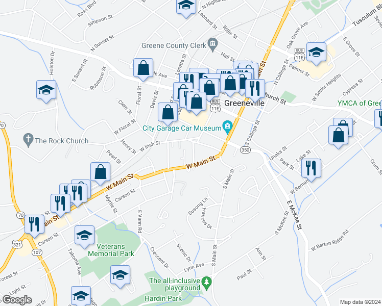 map of restaurants, bars, coffee shops, grocery stores, and more near 105 Union Street in Greeneville