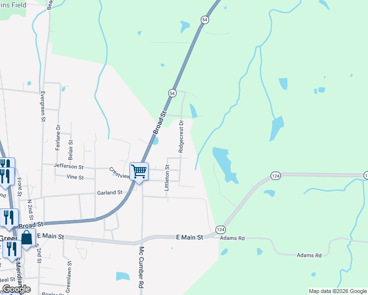 map of restaurants, bars, coffee shops, grocery stores, and more near 309 Ridgecrest Drive in Greenfield