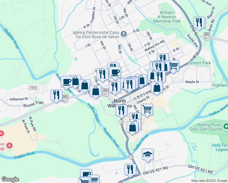 map of restaurants, bars, coffee shops, grocery stores, and more near 348 10th Street in North Wilkesboro