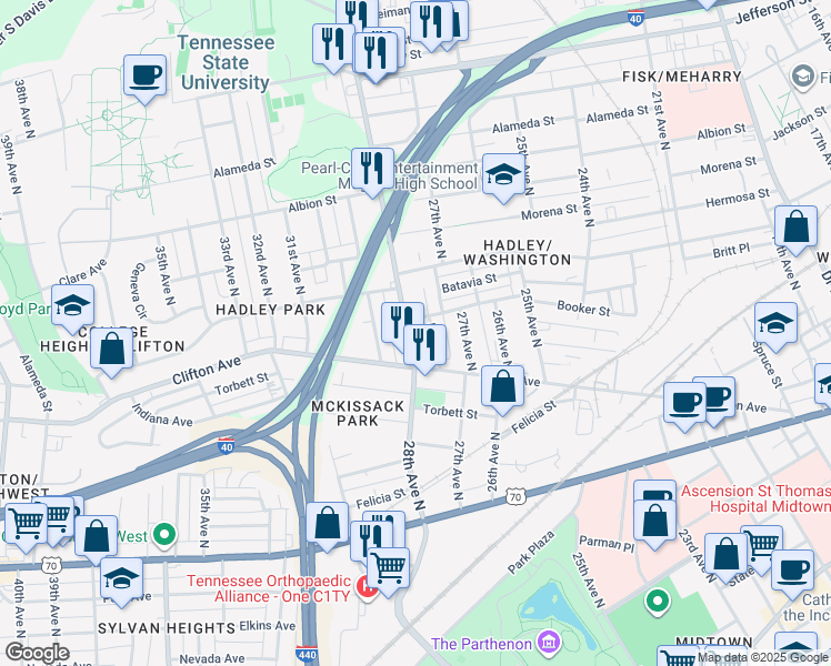 map of restaurants, bars, coffee shops, grocery stores, and more near 803 Lena Street in Nashville