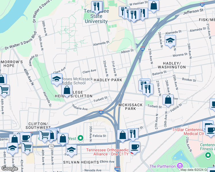 map of restaurants, bars, coffee shops, grocery stores, and more near 3202 Batavia Street in Nashville