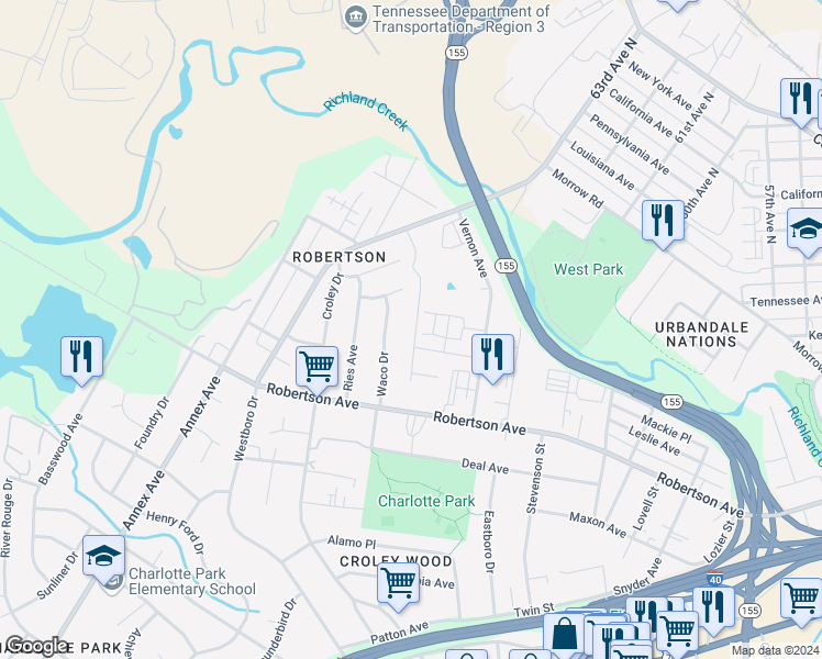 map of restaurants, bars, coffee shops, grocery stores, and more near 633 Nashua Lane in Nashville