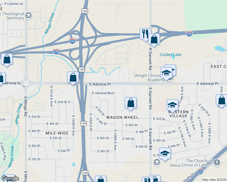 map of restaurants, bars, coffee shops, grocery stores, and more near 10646 East Admiral Place in Tulsa