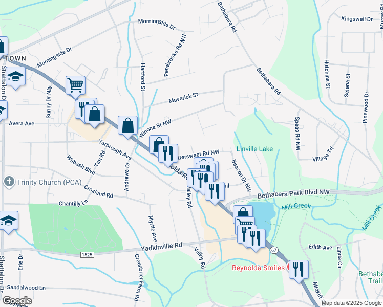 map of restaurants, bars, coffee shops, grocery stores, and more near 3015 Bittersweet Road Northwest in Winston-Salem