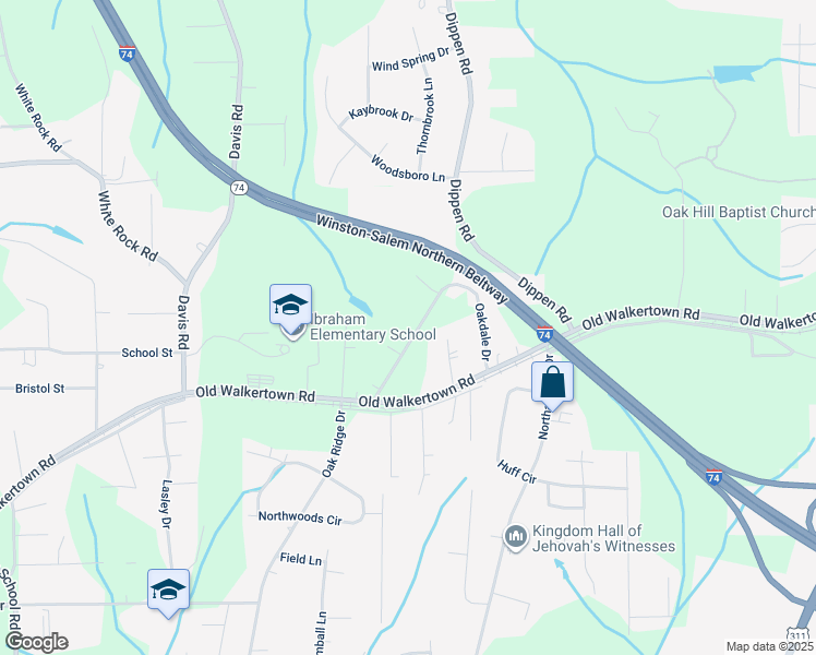 map of restaurants, bars, coffee shops, grocery stores, and more near 4837 Oakdale Drive in Winston-Salem