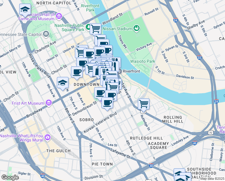 map of restaurants, bars, coffee shops, grocery stores, and more near 150 3rd Avenue South in Nashville