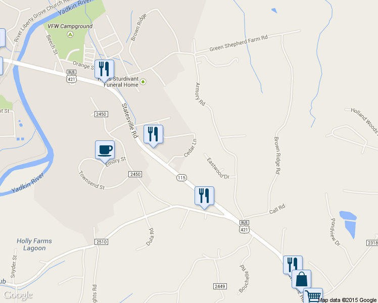 map of restaurants, bars, coffee shops, grocery stores, and more near 212 Cedar Lane in North Wilkesboro