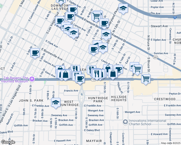 map of restaurants, bars, coffee shops, grocery stores, and more near 520 South 13th Street in Las Vegas