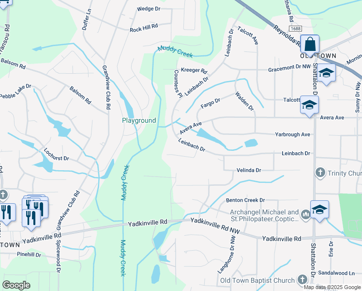 map of restaurants, bars, coffee shops, grocery stores, and more near 4120 Leinbach Drive in Winston-Salem