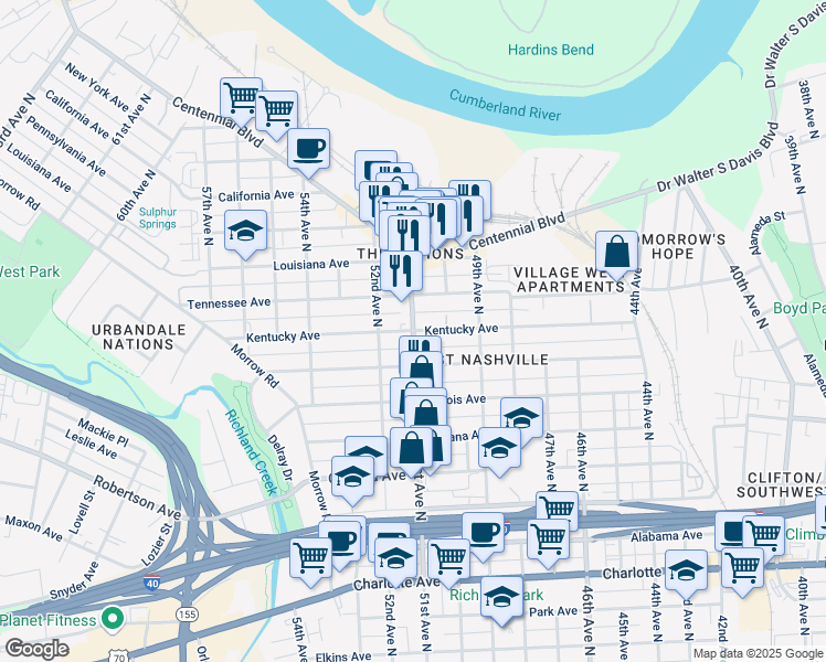 map of restaurants, bars, coffee shops, grocery stores, and more near 1098 51st Avenue North in Nashville