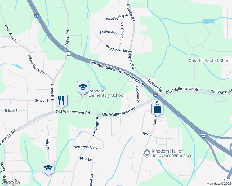 map of restaurants, bars, coffee shops, grocery stores, and more near 4837 Oakdale Drive in Winston-Salem