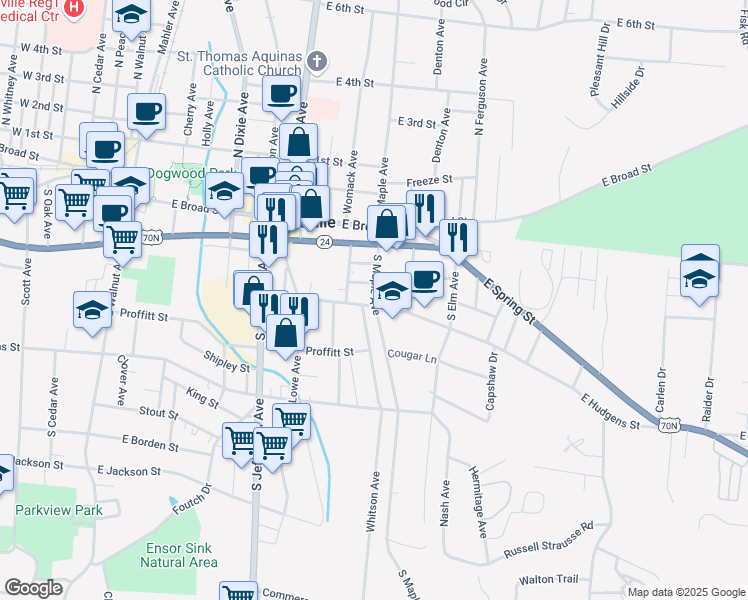 map of restaurants, bars, coffee shops, grocery stores, and more near 90 South Maple Avenue in Cookeville