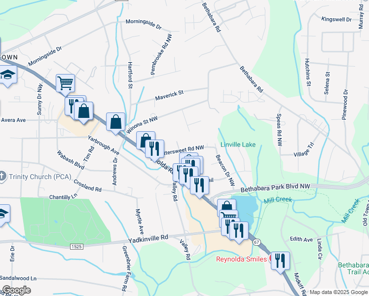 map of restaurants, bars, coffee shops, grocery stores, and more near 3015 Bittersweet Road Northwest in Winston-Salem