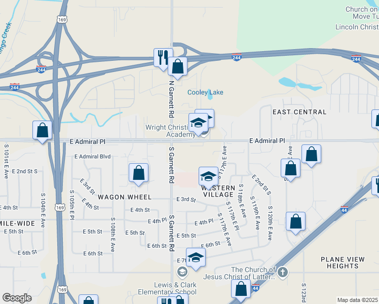 map of restaurants, bars, coffee shops, grocery stores, and more near 11328 East Admiral Place in Tulsa