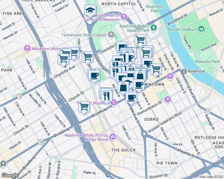 map of restaurants, bars, coffee shops, grocery stores, and more near 160 9th Avenue North in Nashville