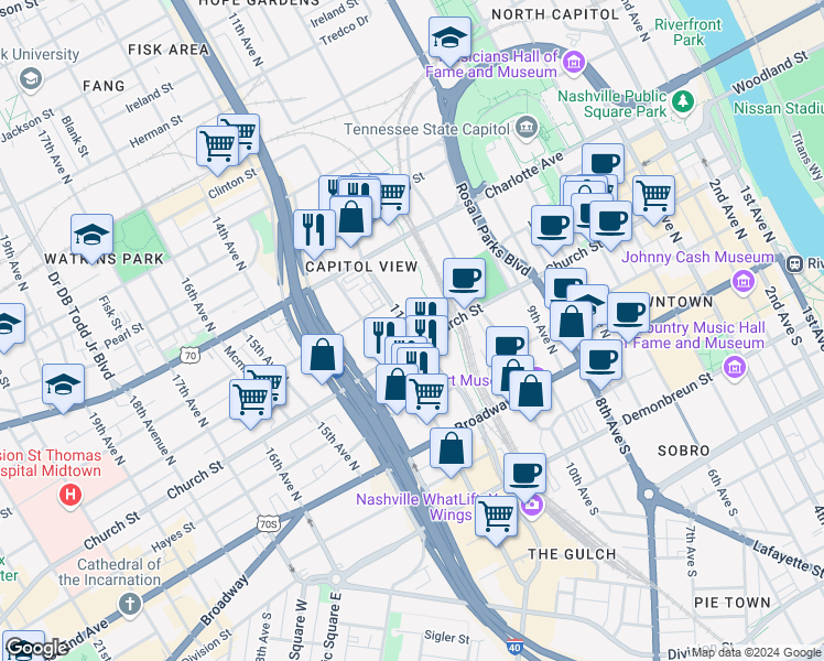 map of restaurants, bars, coffee shops, grocery stores, and more near 210 11th Avenue North in Nashville
