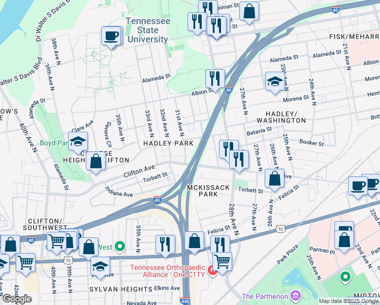 map of restaurants, bars, coffee shops, grocery stores, and more near 3101 Batavia Street in Nashville