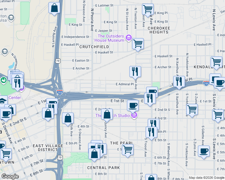 map of restaurants, bars, coffee shops, grocery stores, and more near 1414 East Admiral Place in Tulsa