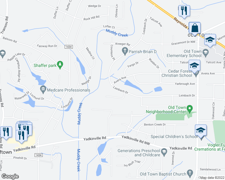 map of restaurants, bars, coffee shops, grocery stores, and more near 4130 Leinbach Drive in Winston-Salem