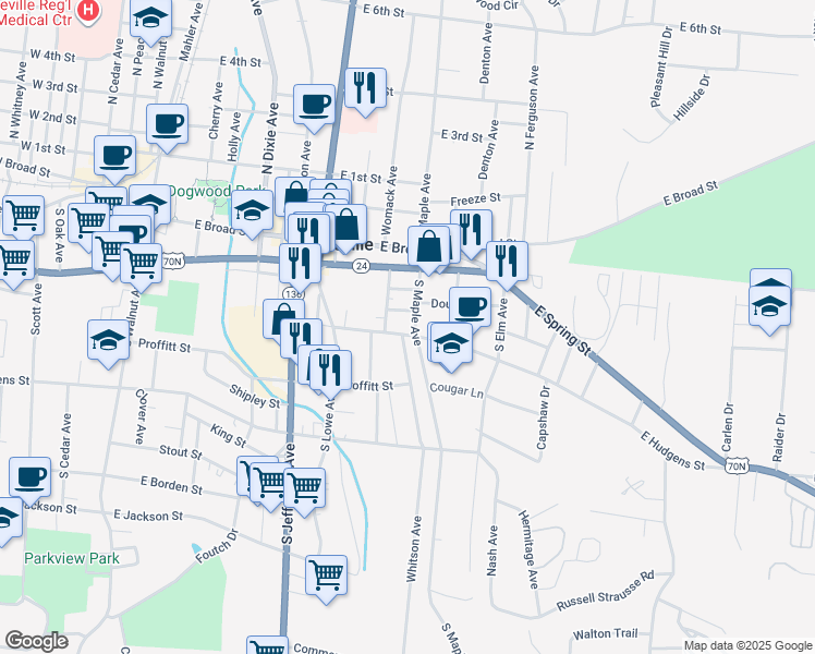 map of restaurants, bars, coffee shops, grocery stores, and more near 117 South Maple Avenue in Cookeville