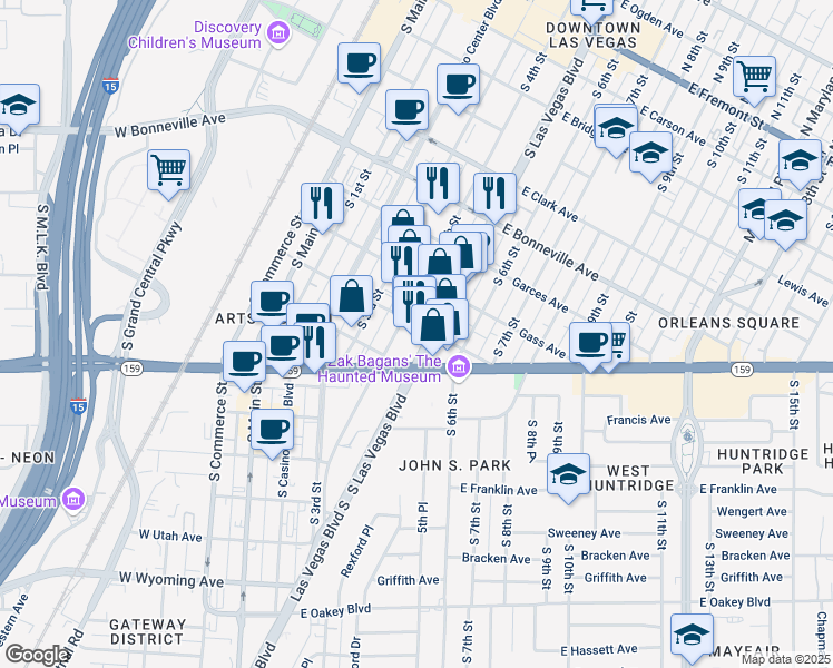 map of restaurants, bars, coffee shops, grocery stores, and more near 827 South 4th Street in Las Vegas