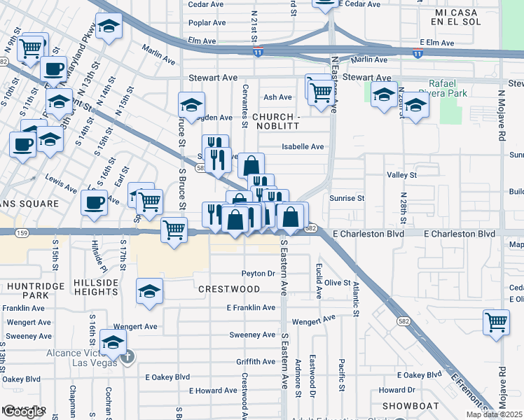 map of restaurants, bars, coffee shops, grocery stores, and more near 2030 Fremont Street in Las Vegas